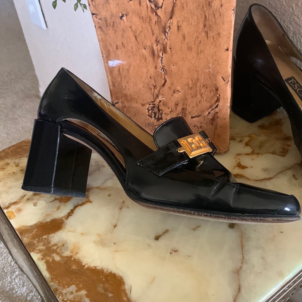 Escada Black Patent Leather Block Heel Loafers with Gold Accent